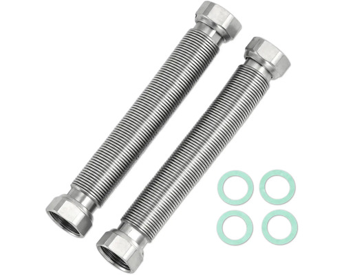 Zwei flexible Wellschläuche aus Edelstahl mit vier Dichtungsringen.