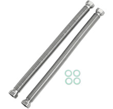 Zwei flexible Anschlussschläuche aus Edelstahl mit Überwurfmuttern und vier Dichtungsringen.