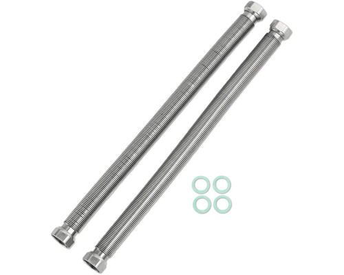 Zwei flexible Anschlussschläuche aus Edelstahl mit Überwurfmuttern und vier Dichtungsringen.
