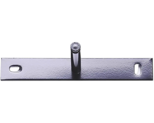 Metall-Befestigungsplatte mit einem zentralen Bolzen und zwei Langlöchern zur Schraubbefestigung.