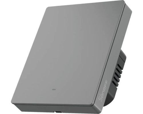 Smarter Wand-Lichtschalter von Sonoff, quadratisches Design mit flacher Front und seitlichen Belüftungsschlitzen.