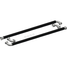 Zwei flexible schwarze Wellrohrschläuche mit Metallanschlüssen und vier Dichtungsringen.