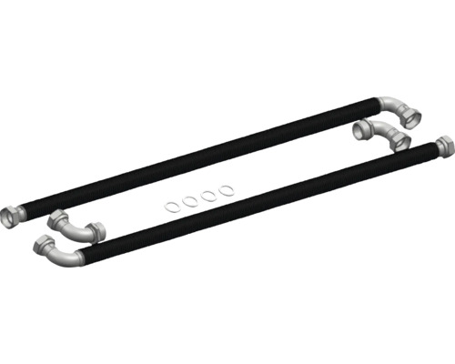 Zwei flexible schwarze Wellrohrschläuche mit Metallanschlüssen und vier Dichtungsringen.