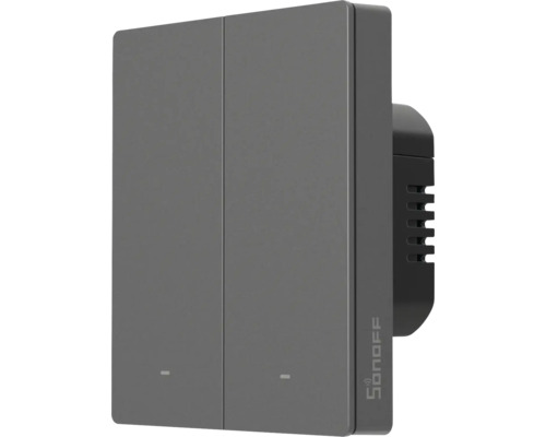Sonoff smarter Wandlichtschalter mit zwei Tasten, Statusanzeigen und Sonoff Logo.