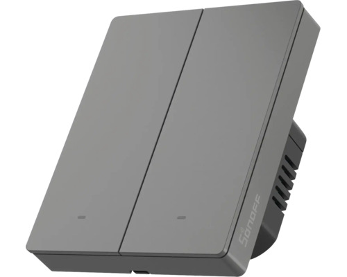 SONOFF smarter Wandschalter mit zwei Wippen in Grau zur Lichtsteuerung mit SONOFF Logo.