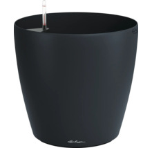 Rundes Pflanzgefäß aus Kunststoff in Schwarz mit integriertem Bewässerungssystem und Wasserstandsanzeiger.