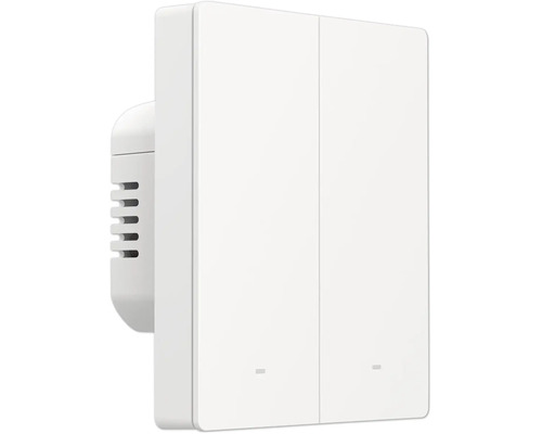 Smarter Wandschalter mit Doppelwippe aus Kunststoff, moderne flache Bauweise mit Statusanzeigen.