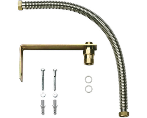 Gasschlauch-Set mit flexiblem Wellschlauch, Wandhalterung, Schrauben und Dübeln.