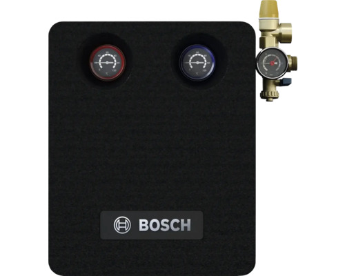 Bosch Pumpengruppe mit zwei Thermometern und einer Ventilbaugruppe mit Manometer. Bosch Logo.