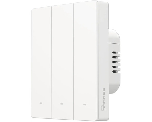 Weißer smarter 3-fach Wandschalter aus Kunststoff von Sonoff für die Hausautomation. Sonoff Logo.