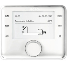 Bosch Logo. Bedieneinheit mit digitalem Display und Drehknopf für Solarthermieanlagen zur Anzeige von Kollektortemperatur und Systemdiagramm.