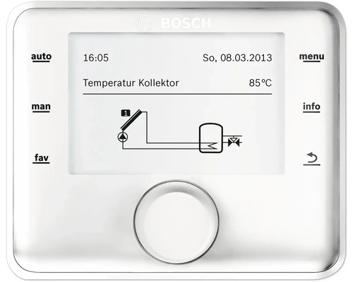 Bosch Logo. Bedieneinheit mit digitalem Display und Drehknopf für Solarthermieanlagen zur Anzeige von Kollektortemperatur und Systemdiagramm.