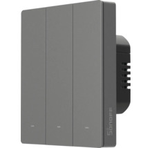 Sonoff smarter Lichtschalter mit drei Tasten und Kontrollleuchten. Sonoff Logo.