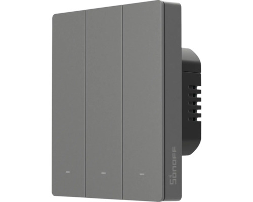 Sonoff smarter Lichtschalter mit drei Tasten und Kontrollleuchten. Sonoff Logo.