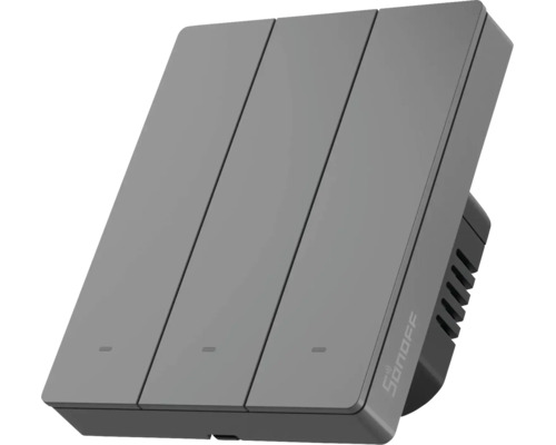 Grauer Sonoff smarter Lichtschalter mit drei Tasten für die Wandmontage.