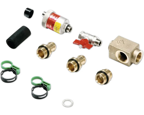 Anschluss-Set für Heizung und Solar bestehend aus automatischem Entlüfter, Kugelhahn, Messing-Fittings und Schlauchklemmen.