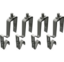 Vier verstellbare Rinnenhalter aus Metall für die Montage.