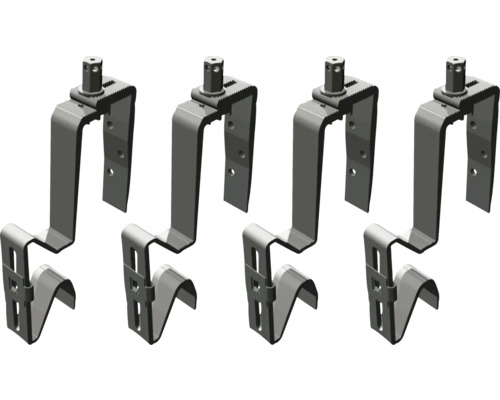 Vier verstellbare Rinnenhalter aus Metall für die Montage.