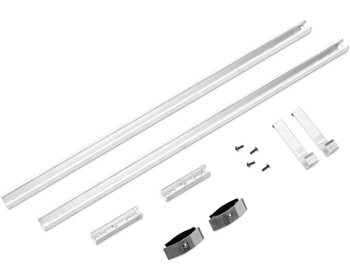 Montageset für Duschkabinen mit Aluminiumprofilen, Halterungen und Schrauben in Silber.
