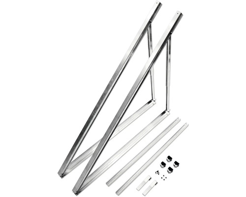 Montagekit für Solarpaneele aus Aluminium mit zwei dreieckigen Halterungen, Schienen und Befestigungsmaterial für Flachdächer.