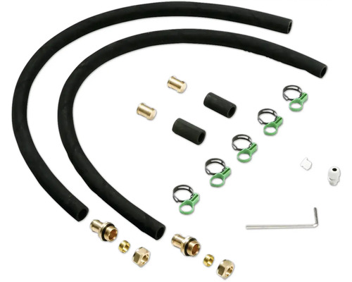 Anschluss-Set bestehend aus Gummischläuchen, Messingverschraubungen, Schlauchklemmen und Innensechskantschlüssel.