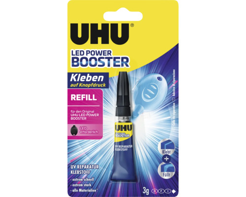 UHU LED Power Booster Refill Ultraviolett-Reparaturklebstoff 3 Gramm Tube zum Kleben und Füllen aller Materialien schnell und stark.