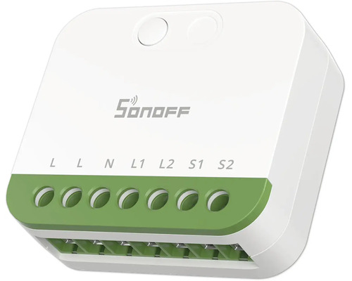 Sonoff Logo auf einem weiß-grünen smarten Kunststoff-Relais-Schalter für Hausautomation mit Anschlüssen L, L, N, L1, L2, S1 und S2.