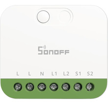 Sonoff smarter Schalter für die Hausautomation mit sieben Anschlussklemmen für die Verkabelung von Phase, Neutralleiter und Schalteingängen.