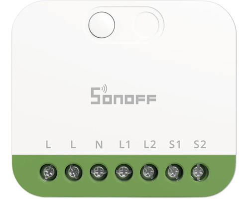 Sonoff smarter Schalter für die Hausautomation mit sieben Anschlussklemmen für die Verkabelung von Phase, Neutralleiter und Schalteingängen.