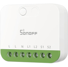 Weißes Sonoff Smart Home Schaltmodul mit grüner Klemmleiste, zwei Kanälen und Anschlüssen für L, N, L1, L2, S1 und S2.