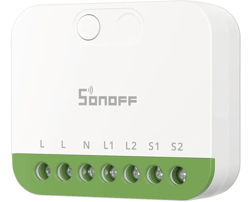 Weißes Sonoff Smart Home Schaltmodul mit grüner Klemmleiste, zwei Kanälen und Anschlüssen für L, N, L1, L2, S1 und S2.