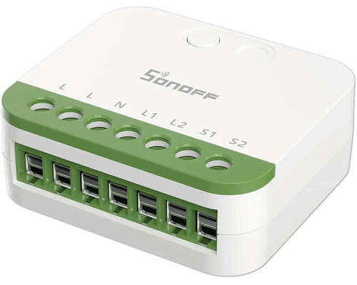 Sonoff Logo auf einem smarten WLAN-Schalter Modul mit zwei Kanälen und Klemmenleiste für die Haussteuerung.