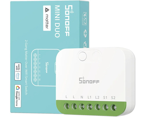 Sonoff Mini Duo 2-Gang Matter über WLAN Smart Switch mit Verpackung, kompatibel mit Alexa und Google Home.