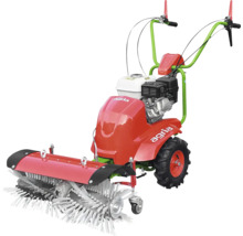 Agria handgeführte Kehrmaschine mit Frontbesen, Motor und großen Profilreifen für die Bodenreinigung im Außenbereich.