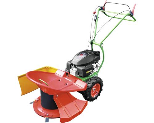 Agria Motormäher mit rotem Kreiselmähwerk, grünem Rahmen und schwarzem Motor.