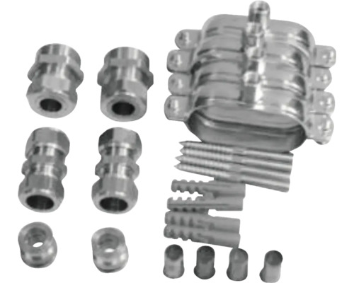 Befestigungsset aus Metall mit Halterungen, Verbindern, Schrauben und Dübeln.
