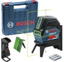 Bosch Professional Kreuzlinienlaser GCL 2-15 G Set mit Transportkoffer mit Bosch Logo, Halterung, grüner Zieltafel und drei Batterien.