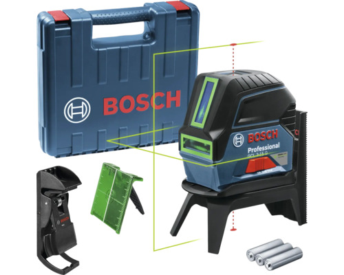 Bosch Professional Kreuzlinienlaser GCL 2-15 G Set mit Transportkoffer mit Bosch Logo, Halterung, grüner Zieltafel und drei Batterien.