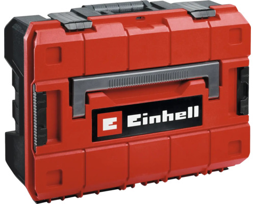 Roter Einhell Werkzeugkoffer aus robustem Kunststoff mit schwarzem Tragegriff und Einhell Logo.