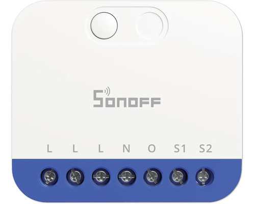 Sonoff Smart Home Modul zur Unterputzmontage mit Schraubklemmen für die Anschlüsse L, N, O, S1 und S2.