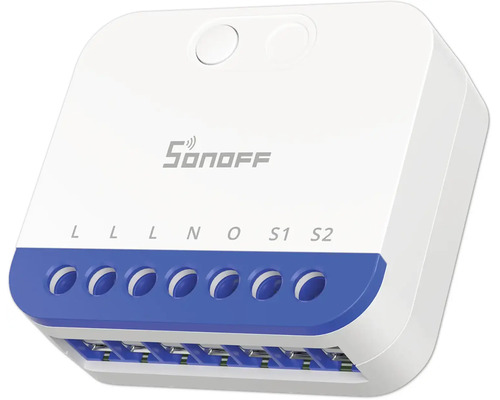 Weiß-blaues Sonoff Smart-Home-Schaltmodul mit sieben Klemmenanschlüssen für die kabellose Hausautomation.