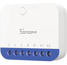 Weißes Sonoff Smart Switch Modul mit blauer Klemmleiste, Anschlüssen L, L, L, N, O, S1, S2 und Sonoff Logo.