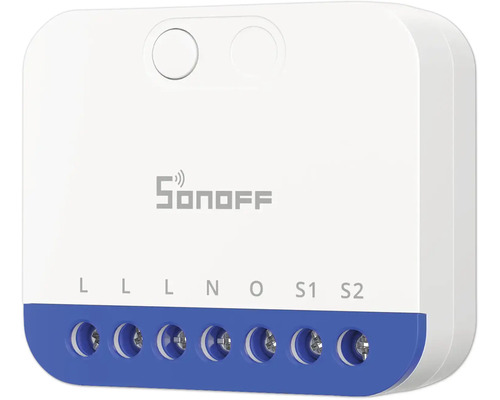 Weißes Sonoff Smart Switch Modul mit blauer Klemmleiste, Anschlüssen L, L, L, N, O, S1, S2 und Sonoff Logo.