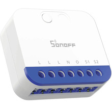 Sonoff WLAN Smart Switch Modul für die Hausautomation mit sieben Anschlussklemmen für elektrische Leitungen und Sonoff Logo.