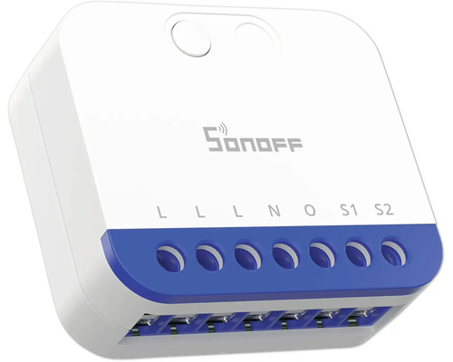 Sonoff WLAN Smart Switch Modul für die Hausautomation mit sieben Anschlussklemmen für elektrische Leitungen und Sonoff Logo.