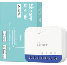 Weißes Sonoff MINI DIM Matter Over WiFi Dimmer-Modul mit blauem Sockel, Verpackung, Matter Logo, Amazon Alexa Logo und Google Home Logo.