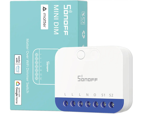 Weißes Sonoff MINI DIM Matter Over WiFi Dimmer-Modul mit blauem Sockel, Verpackung, Matter Logo, Amazon Alexa Logo und Google Home Logo.