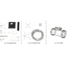 Installationsset für Abgassysteme mit Rohren, Formstücken, Abstandshaltern und Flexschlauch, Typen FC-Set80-B53, FC-Set80-F80 und FC-FR80.