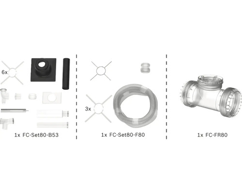 Installationsset für Abgassysteme mit Rohren, Formstücken, Abstandshaltern und Flexschlauch, Typen FC-Set80-B53, FC-Set80-F80 und FC-FR80.