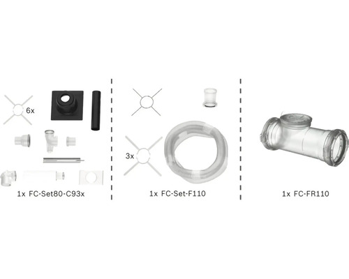 Set für Abgassysteme bestehend aus FC-Set80-C93x, FC-Set-F110 inklusive Flexrohr und Distanzstücken sowie einem Revisionsrohr FC-FR110.